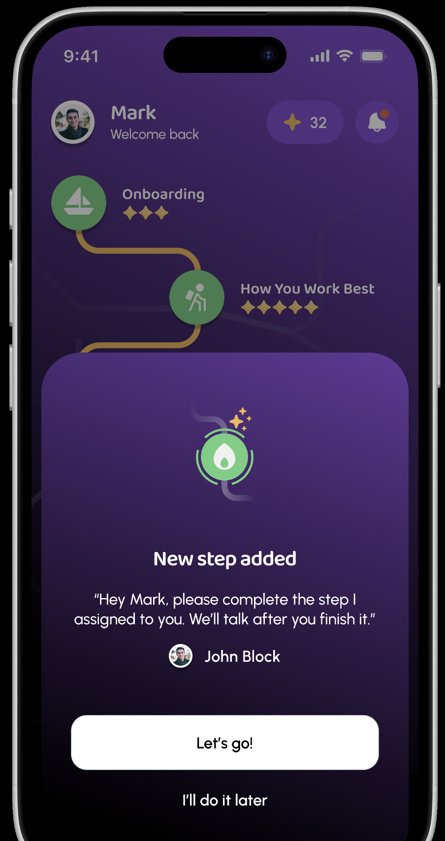 CareerLight student app notification reading “New step added” with a message from advisor John Block asking the student to complete an assigned step.